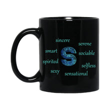 Load image into Gallery viewer, 11oz Black mug with alphabet letter S and blue and green positive s-words