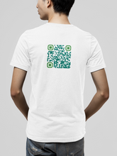 Load image into Gallery viewer, white t-shirt with QR Code showing A real friend wouldn't hurt you message