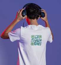Load image into Gallery viewer, QR Code for 'believe in yourself' on the back of a white t-shirt