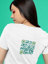 Load image into Gallery viewer, QR Code for 'block him on everything' on the back of a white t-shirt