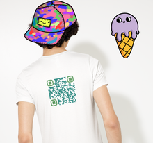 Load image into Gallery viewer, QR Code for 'brighten someone's day today' on the back of a white t-shirt