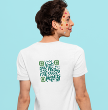 Load image into Gallery viewer, white t-shirt with the QR Code for 'cultivate joy and happiness' on the back