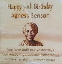 Load image into Gallery viewer, Wooden plaque with engraved portrait and birthday message for Agness Benson