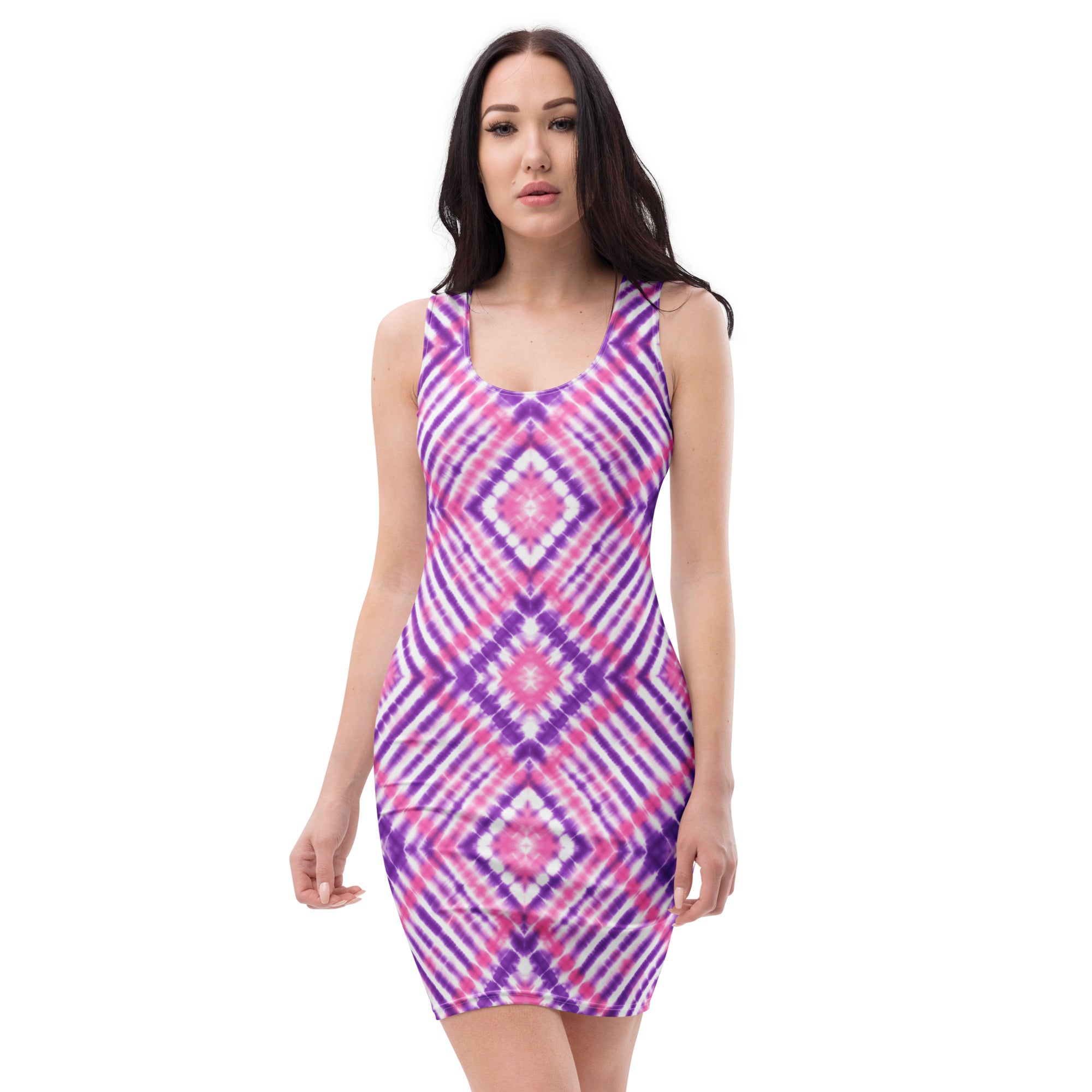 Purple, Pink & White Diamond Tie-Dye Pattern Bodycon Dress – Four-Way Stretch
