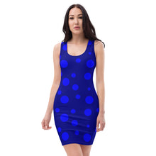 Load image into Gallery viewer, dark blue fitted dress with lighter blue spots scattered throughout