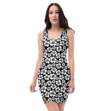 Load image into Gallery viewer, sleeveless black fitted dress with white hibiscus flowers