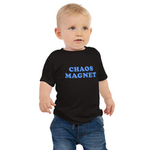 Load image into Gallery viewer, baby t-shirt with caption 'chaos magnet'