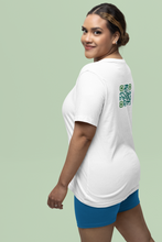 Load image into Gallery viewer, white t-shirt with the QR Code for 'congratulations' on the back
