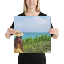 Load image into Gallery viewer, canvas wall art showing a woman looking out to sea in Canouan, St. Vincent and the Grenadines.
