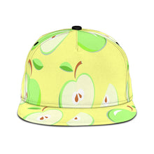 Load image into Gallery viewer, yellowish-green universal snapback hat with whole and half-cut green apple design