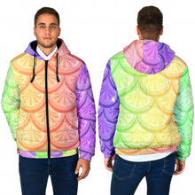 Load image into Gallery viewer, men's padded hooded jacket with purple, yellow, orange and green mermaid scales design