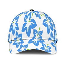 Load image into Gallery viewer, classic white cap with a design of blue hibiscus flowers