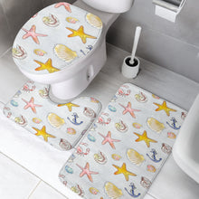 Load image into Gallery viewer, 3 piece bathroom set with a beach themed design of starfish, crabs, seashells and anchors