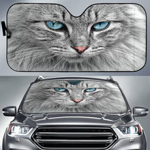 Load image into Gallery viewer, vehicle sunshade with a grey blue-eyed cat