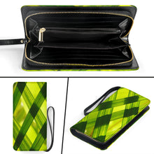 Load image into Gallery viewer, green clutch purse with many interior pockets and a bamboo grass leaf design