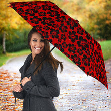 Load image into Gallery viewer, red umbrella with black hibiscus flower pattern