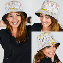 Load image into Gallery viewer, beach themed bucket hat featuring anchors, crabs, seashells and starfish.