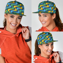 Load image into Gallery viewer, universal fit snapback hat with Vincy colored (blue, yellow, green) squiggles