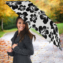 Load image into Gallery viewer, white umbrella with black hibiscus flower pattern