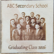 Load image into Gallery viewer, Wooden plaque with an engraved photo of a graduating class from ABC Secondary School for the class of 2026.