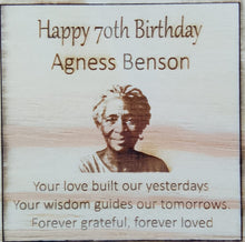 Load image into Gallery viewer, Wooden plaque with engraved portrait and birthday message for Agness Benson