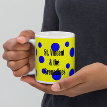 Load image into Gallery viewer, St. Vincent and the Grenadines 11oz ceramic mug  with blue spots on a yellow background