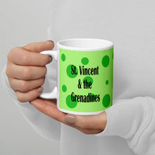 Load image into Gallery viewer, 11oz ceramic St. Vincent and the Grenadines mug with green spots on a green background