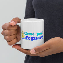 Load image into Gallery viewer, 11oz ceramic mug with caption 'gene pool lifeguard' and a condom character