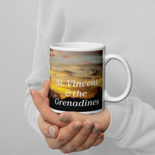 Load image into Gallery viewer, 11oz ceramic mug showing a sunset shadow over Kingstown in St. Vincent and the Grenadines