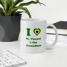 Load image into Gallery viewer, I love St. Vincent and the Grenadines 11oz coffee mug with green lettering and a national colored heart