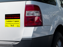 Load image into Gallery viewer, Bad Parking Awareness Sticker Sheet – 4 Funny & Direct Vinyl Stickers to Teach Parking Etiquette