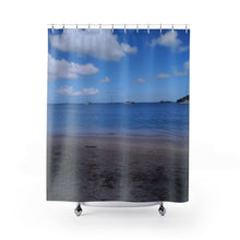 Load image into Gallery viewer, Shower curtain showing a beach scene with boats in the distance