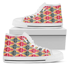 Load image into Gallery viewer, white high top shoe with grey, pink and orange design.