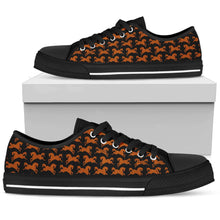 Load image into Gallery viewer, low top black canvas shoes with brown running horses design