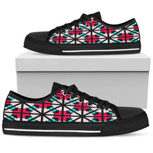 Load image into Gallery viewer, black low top shoes with white, pink and aqua color stained glass design