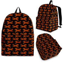 Load image into Gallery viewer, black backpack with a design of brown prancing horses.