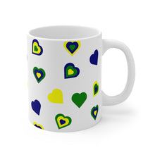 Load image into Gallery viewer, 11oz ceramic coffee mug with a design of St. Vincent and the Grenadines' national colored hearts