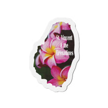 Load image into Gallery viewer, St. Vincent-shaped die cut magnet showing a photograph of pink frangipani flowers