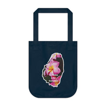 Load image into Gallery viewer, Eco-friendly canvas tote bag showing a real photograph of frangipani flowers inside a frame in the shape of mainland St. Vincent