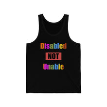 Load image into Gallery viewer, black unisex jersey tank with the caption 'disabled not unable' written in  multi-colored letters