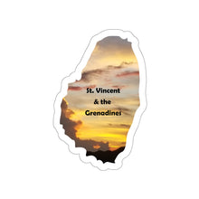 Load image into Gallery viewer, die-cut sticker in the shape of St. Vincent and the Grenadines featuring a photograph of a sunset