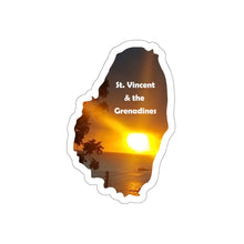 Load image into Gallery viewer, die-cut sticker in the shape of St. Vincent and the Grenadines with a photo of a fiery sunset over the sea