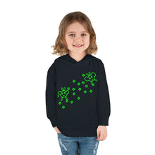 Load image into Gallery viewer, Black toddler pullover fleece hoodie with green star hoppers design.