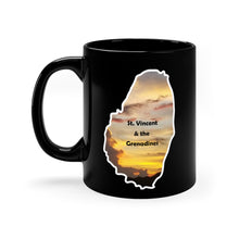 Load image into Gallery viewer, 11oz black coffee mug featuring a photograph of the sky at sunset in St. Vincent and the Grenadines