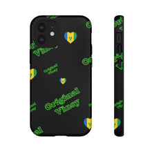 Load image into Gallery viewer, Black phone case with 'original vincy' design in camouflage green letters.
