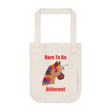 Load image into Gallery viewer, organic canvas tote bag with a unicorn and the caption dare to be different