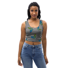 Load image into Gallery viewer, Grey body hugging crop top with butterflies in Vincy colors