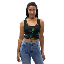 Load image into Gallery viewer, black body hugging crop top with butterflies in Vincy colors.