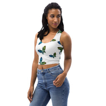 Load image into Gallery viewer, white body hugging crop top with butterflies in a vincy colored design