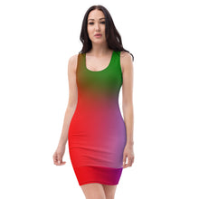 Load image into Gallery viewer, woman wearing fitted dress of palette colors of blue, red, purple, green and white